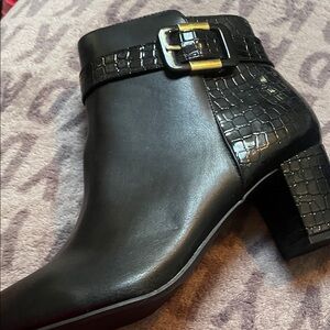 NIB Karen Scott Black Croc-Accent Buckle Block Heel Ankle Boots